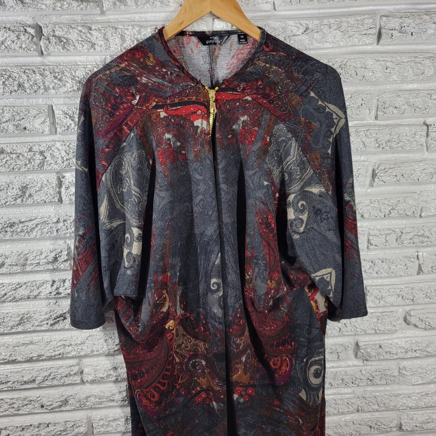 Mlle Gabrielle Womens Dress 3X Short Sleeve Gray Paisley Soft Poly Blend Zip Up