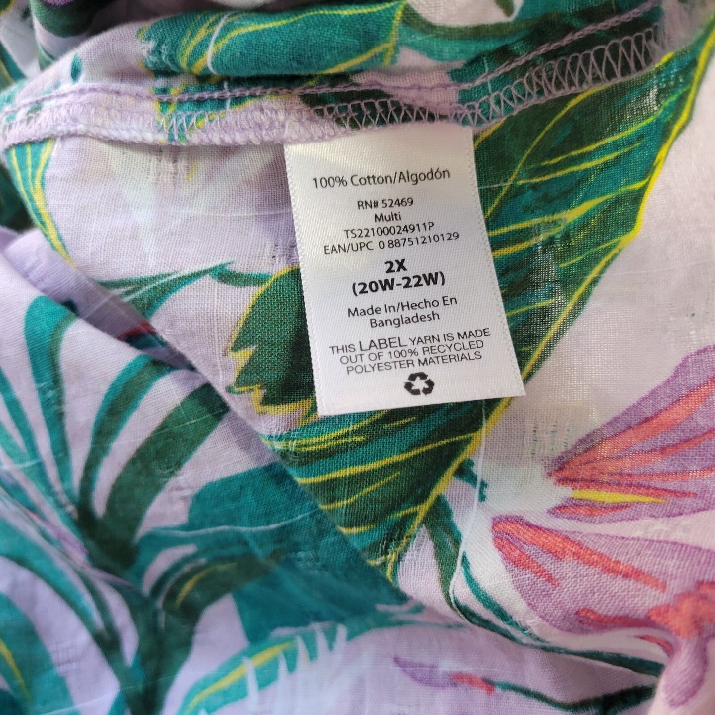 Terra Sky Womens Top 2X Plus Bell Sleeve Green Pink Floral Cotton Lightweight