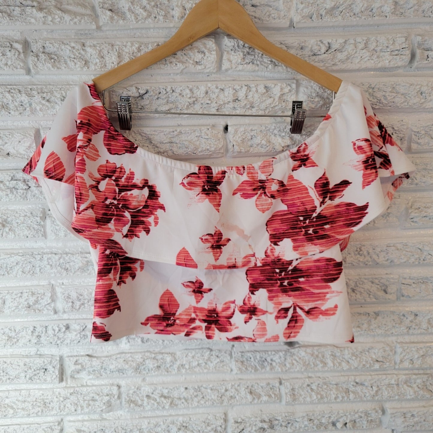 Ashley Stewart Women Top 3X Plus Curvy Girl Crop Pink Red Floral On Off Shoulder