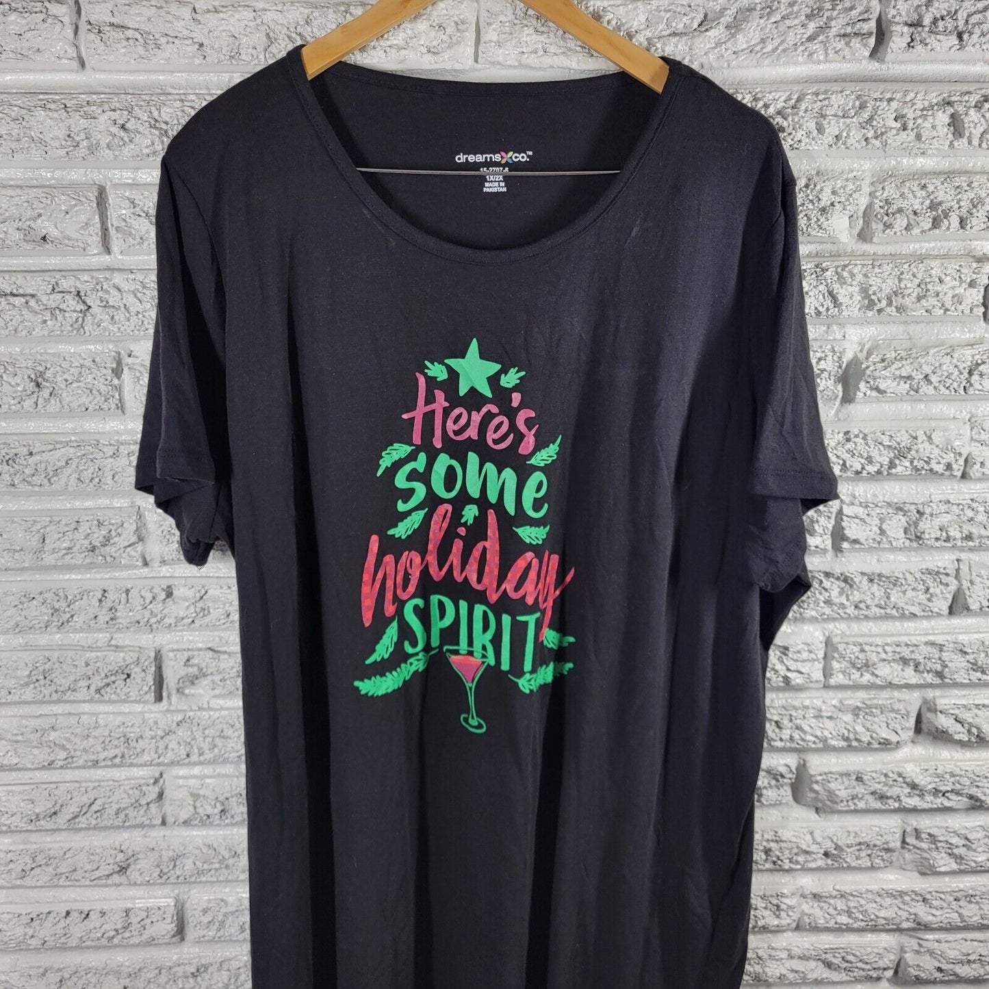 Christmas Dreams Co Women Nightgown 1X 2X Plus Holiday Spirit Short Sleeve Black