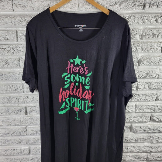 Christmas Dreams Co Women Nightgown 1X 2X Plus Holiday Spirit Short Sleeve Black