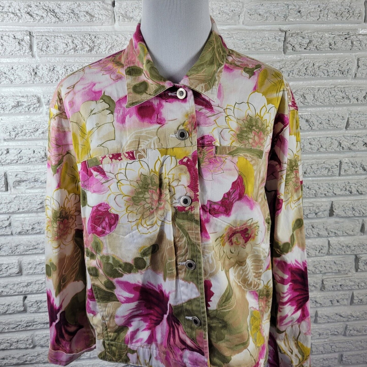 Caribbean Joe Womens Jacket Extra Large XL Blazer Pink Green Floral Cotton Blend