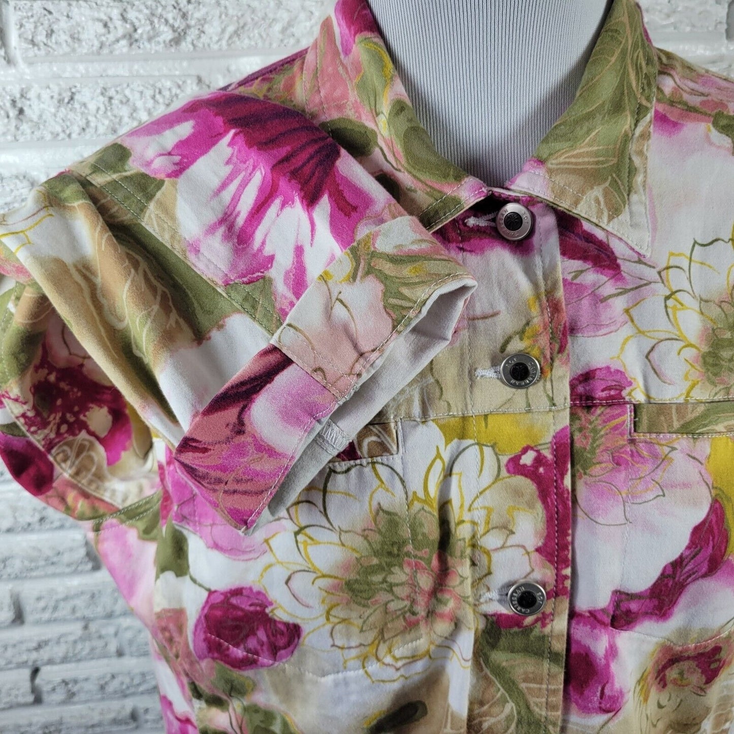 Caribbean Joe Womens Jacket Extra Large XL Blazer Pink Green Floral Cotton Blend