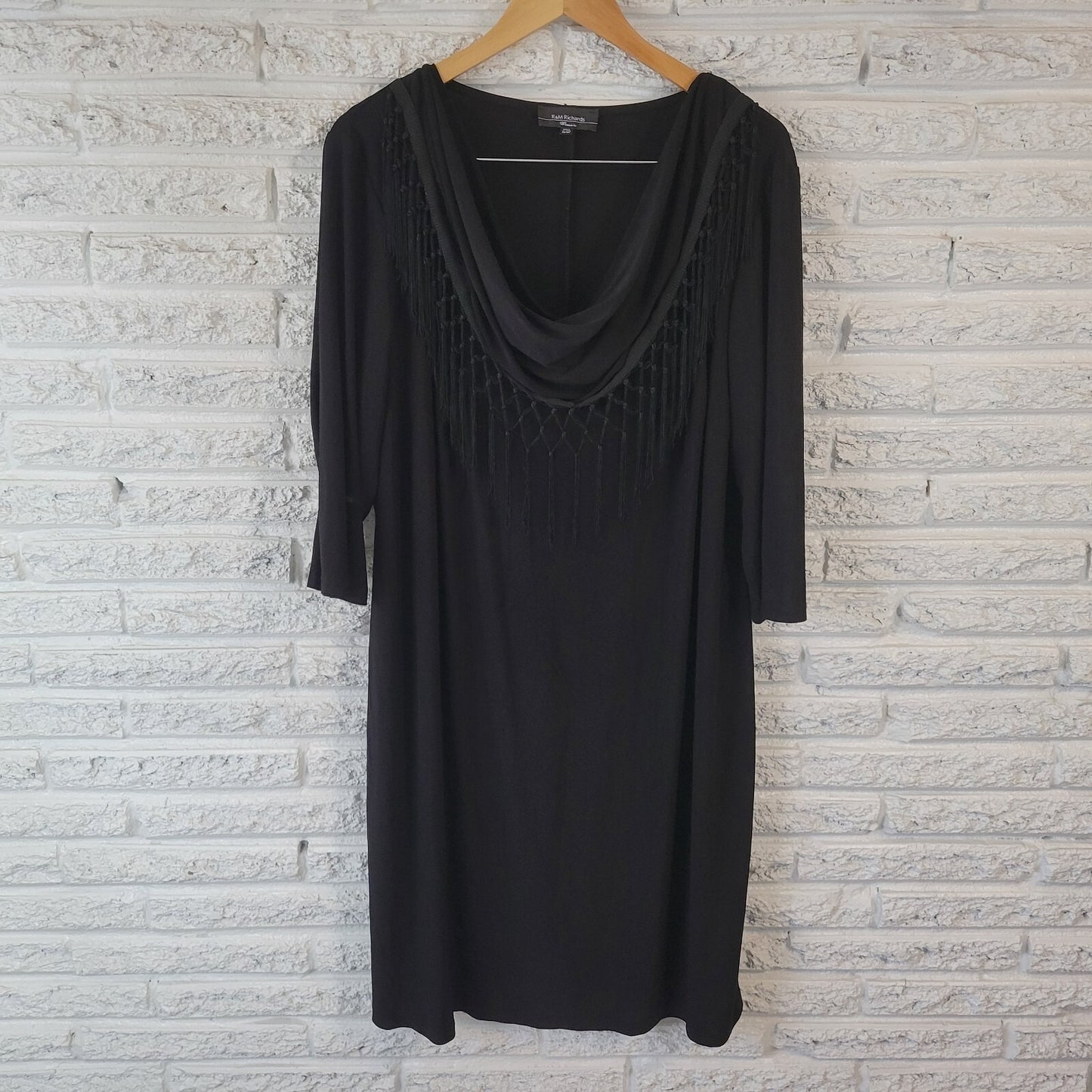 R&M Richards Womens Dress 18W Plus 3/4 Sleeve Black Fringe Poly Blend Cowl Neck