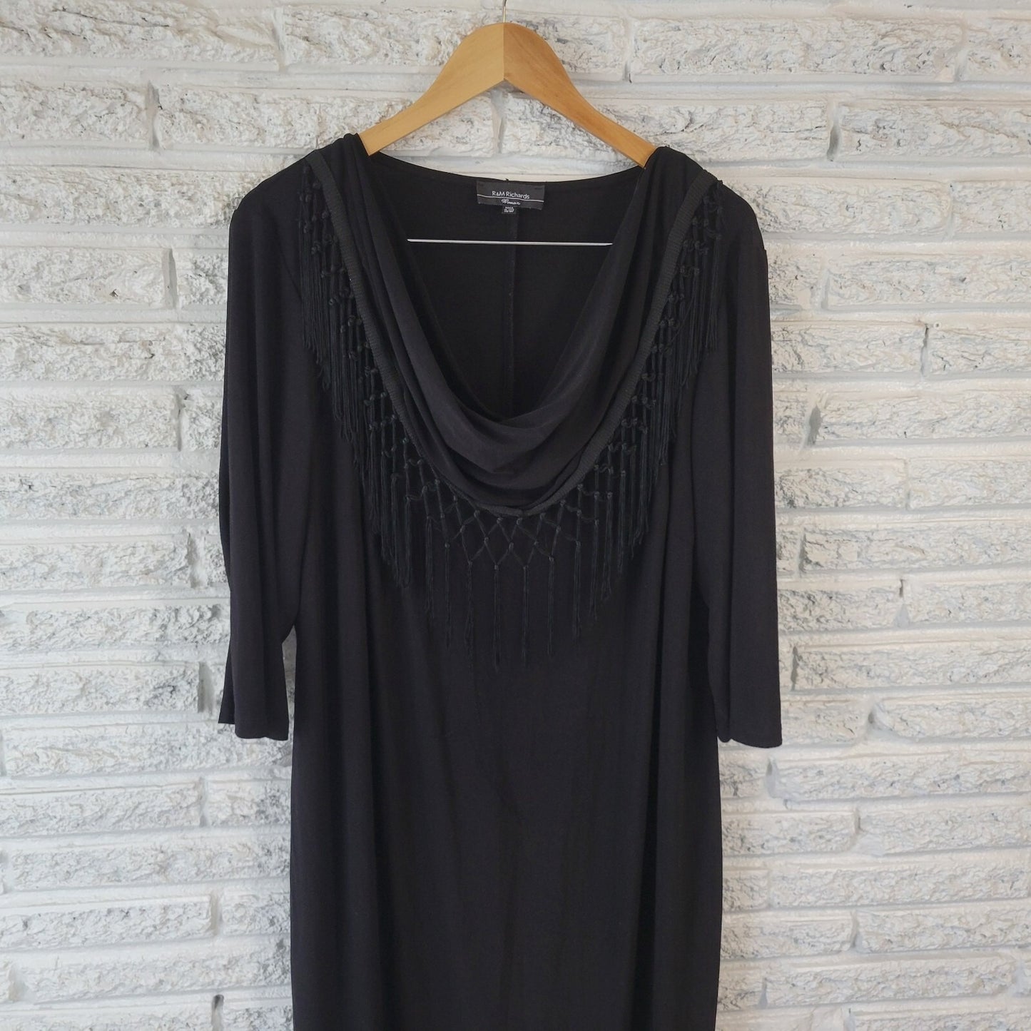 R&M Richards Womens Dress 18W Plus 3/4 Sleeve Black Fringe Poly Blend Cowl Neck