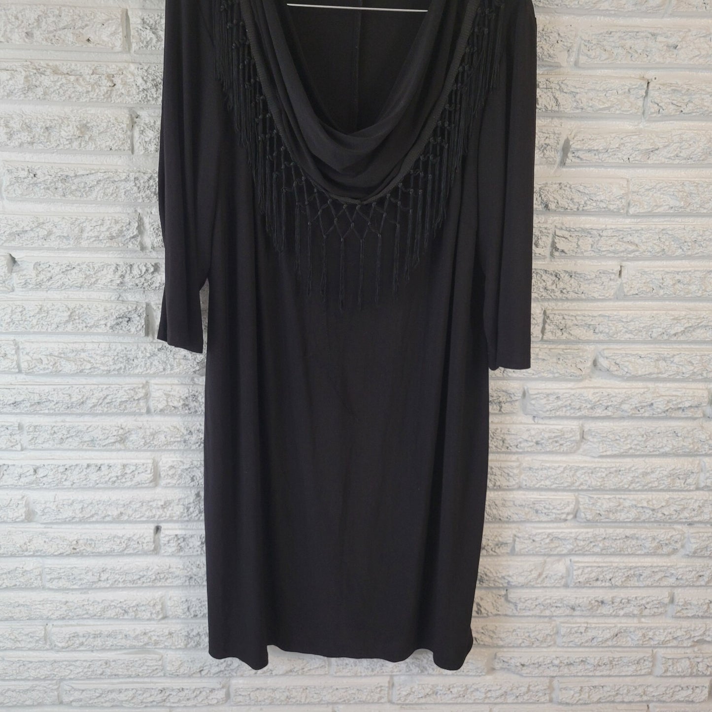 R&M Richards Womens Dress 18W Plus 3/4 Sleeve Black Fringe Poly Blend Cowl Neck
