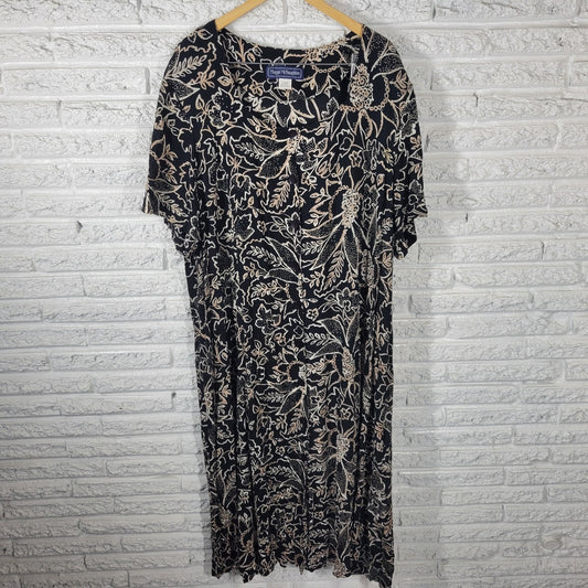 Maggie McNaughton Womens Dress 24W Plus Black Tan Floral Button Rayon Office