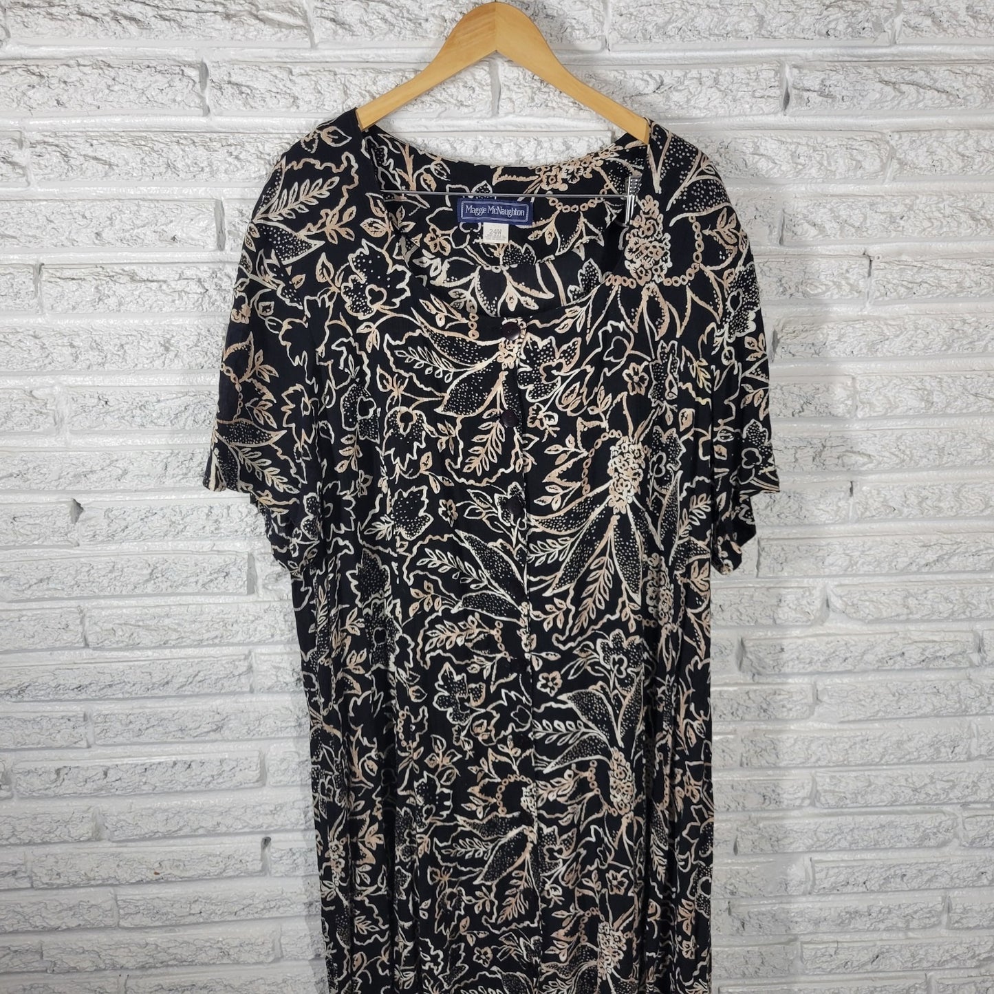 Maggie McNaughton Womens Dress 24W Plus Black Tan Floral Button Rayon Office