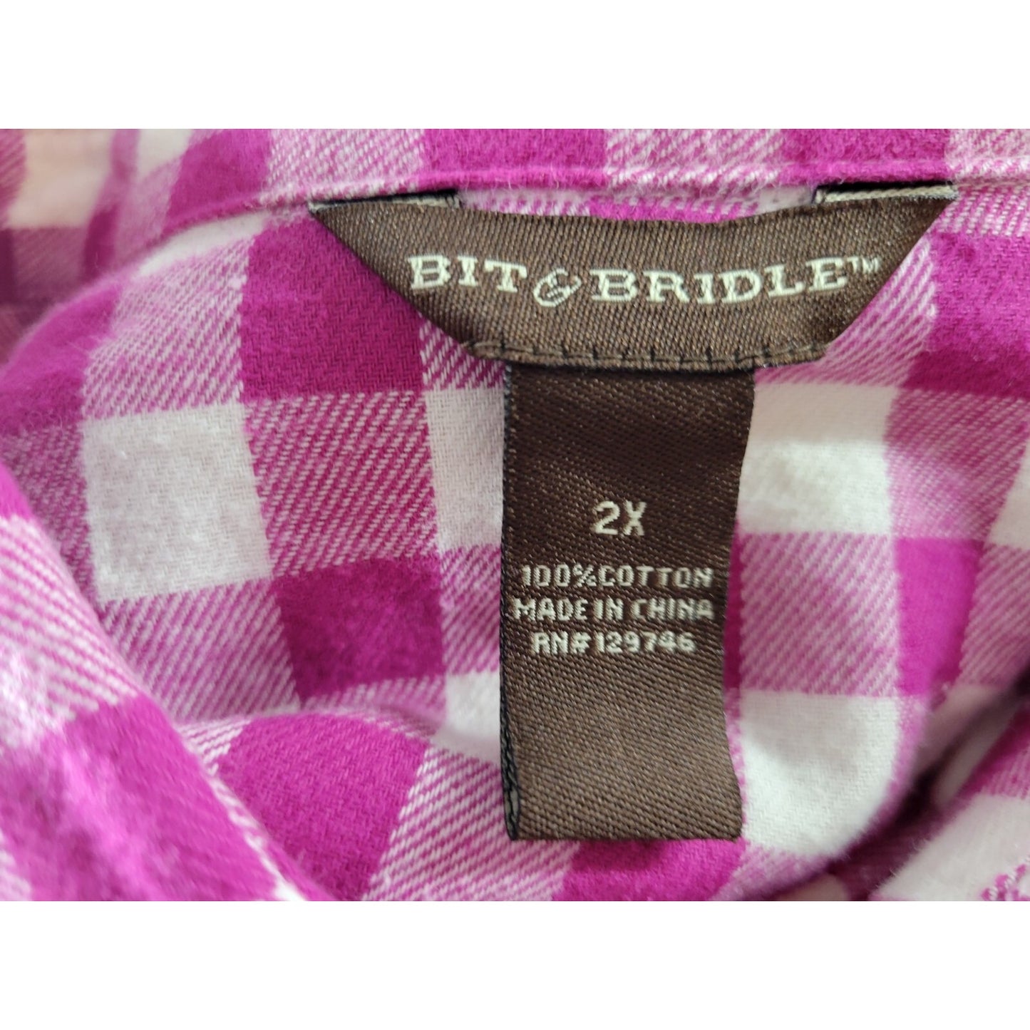 Bit Bridle Womens Top 2X Plus Long Sleeve Purple Plaid Pockets Casual Cotton