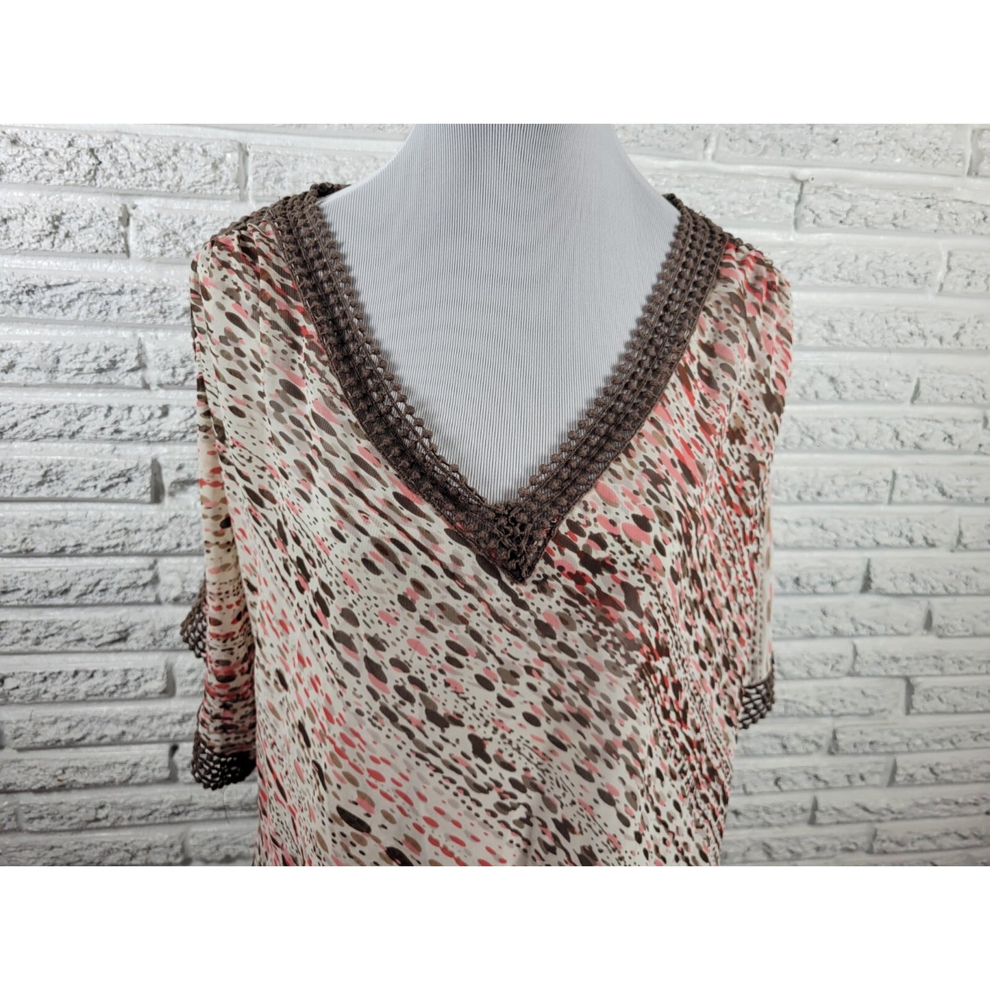 Ana Womens Top Extra Large XL Peplum Crochet Trim Brown Watercolor Casual Sheer