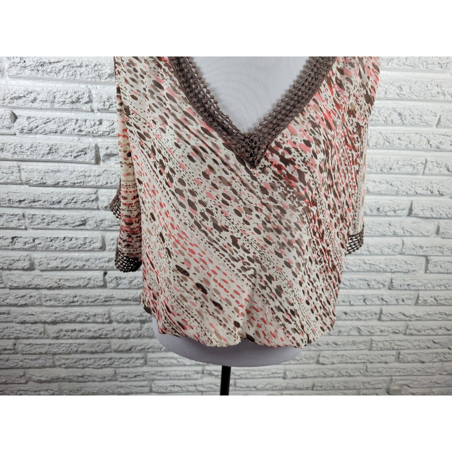 Ana Womens Top Extra Large XL Peplum Crochet Trim Brown Watercolor Casual Sheer