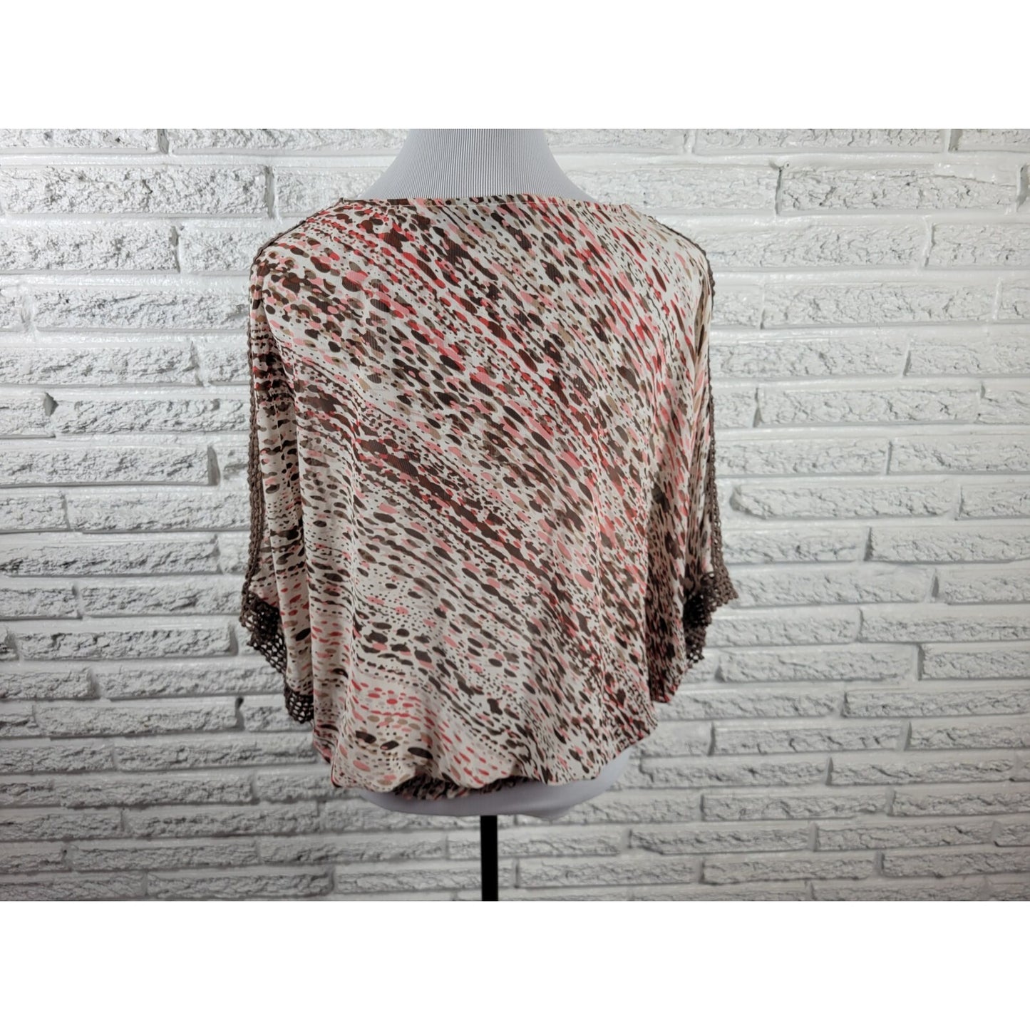 Ana Womens Top Extra Large XL Peplum Crochet Trim Brown Watercolor Casual Sheer