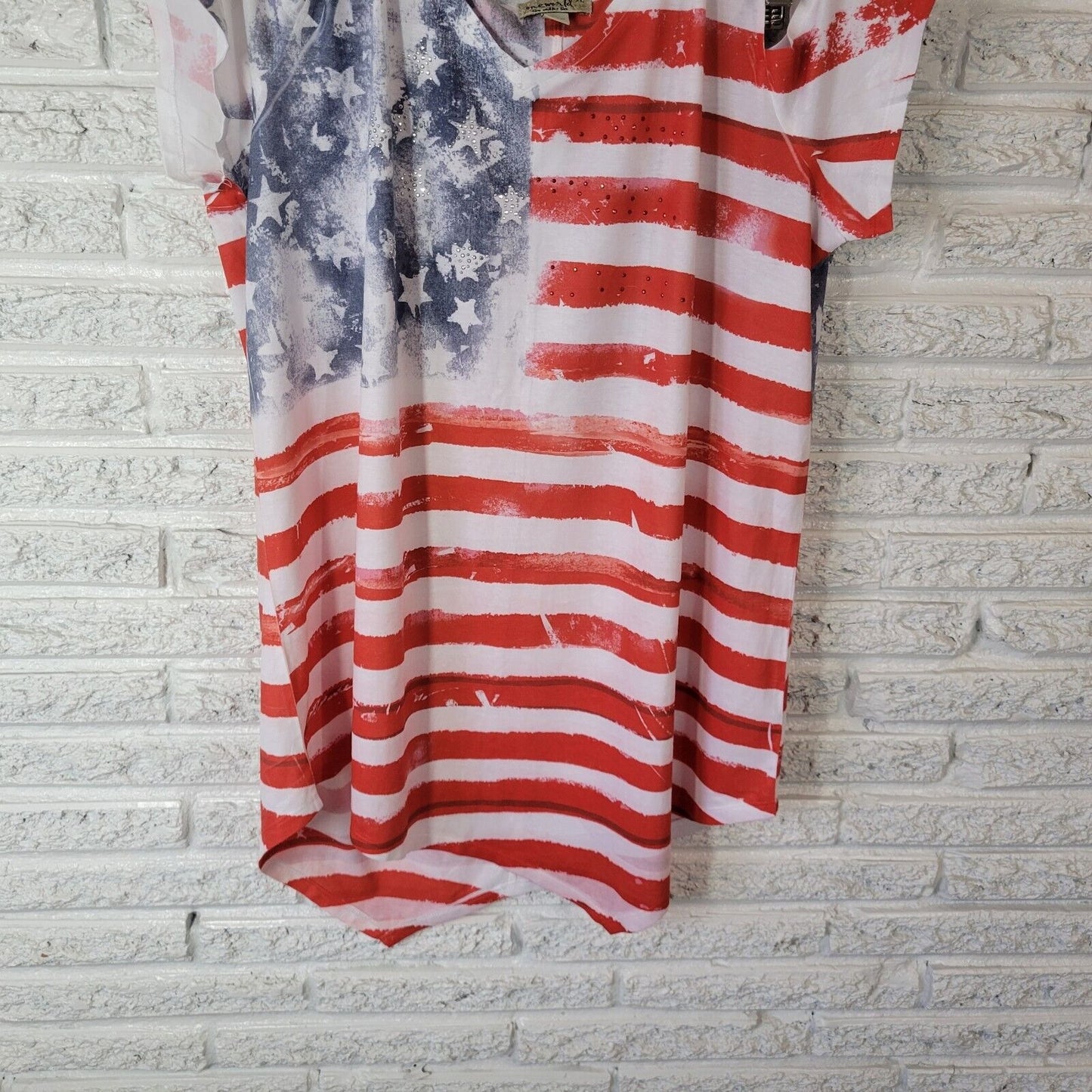 Fourth of July Live Let Live Womens Top XL Tee Patriotic Studded Cold Shoulder