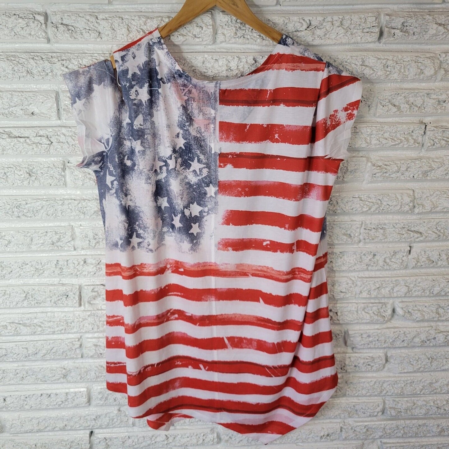 Fourth of July Live Let Live Womens Top XL Tee Patriotic Studded Cold Shoulder
