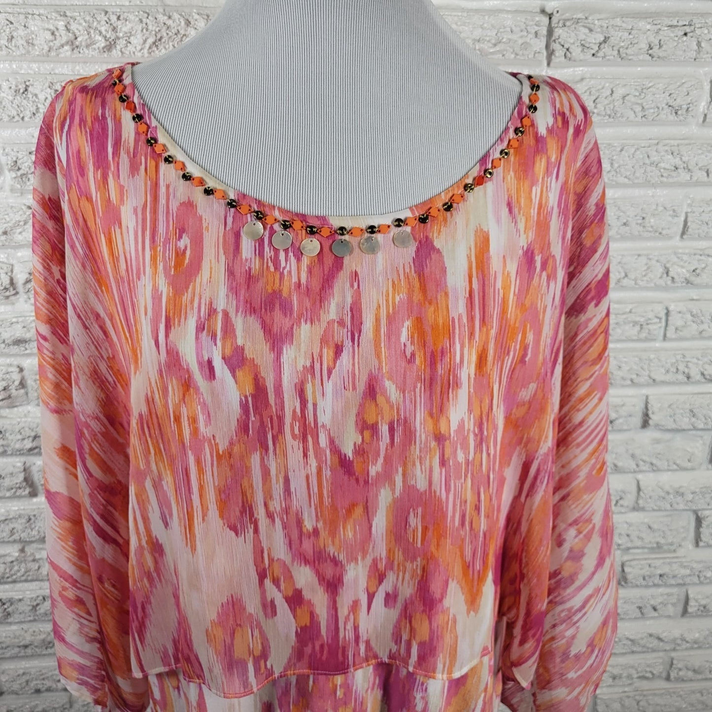 Ruby Rd Women Top 2X Plus Kimono Sleeve Pink Orange Watercolor Beads Sheer Lined