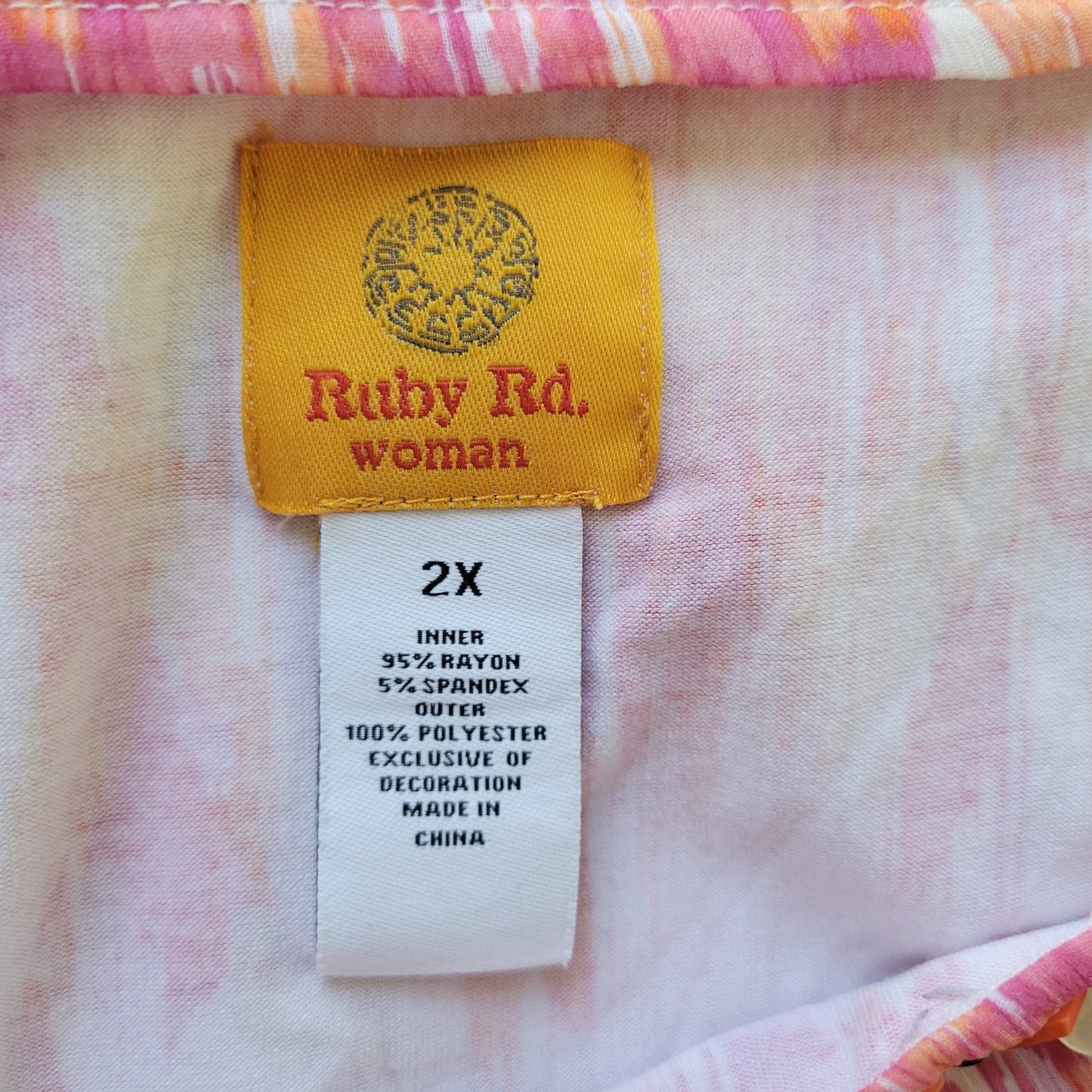 Ruby Rd Women Top 2X Plus Kimono Sleeve Pink Orange Watercolor Beads Sheer Lined