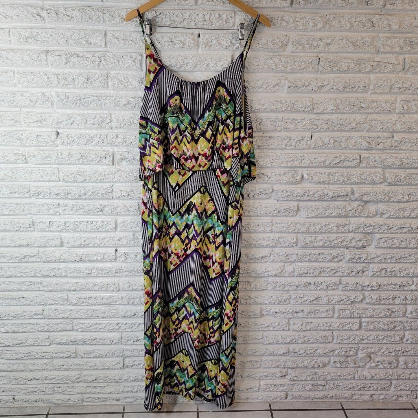 Rouge Women Dress 3X Plus Slip Maxi Spaghetti Ruffle Poly Blend Geometric Casual