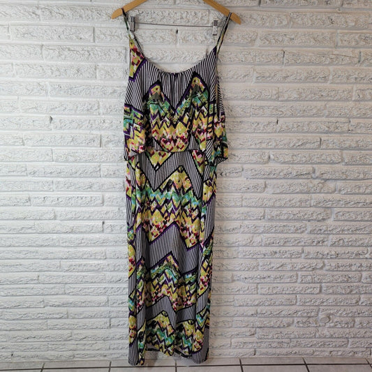 Rouge Women Dress 3X Plus Slip Maxi Spaghetti Ruffle Poly Blend Geometric Casual