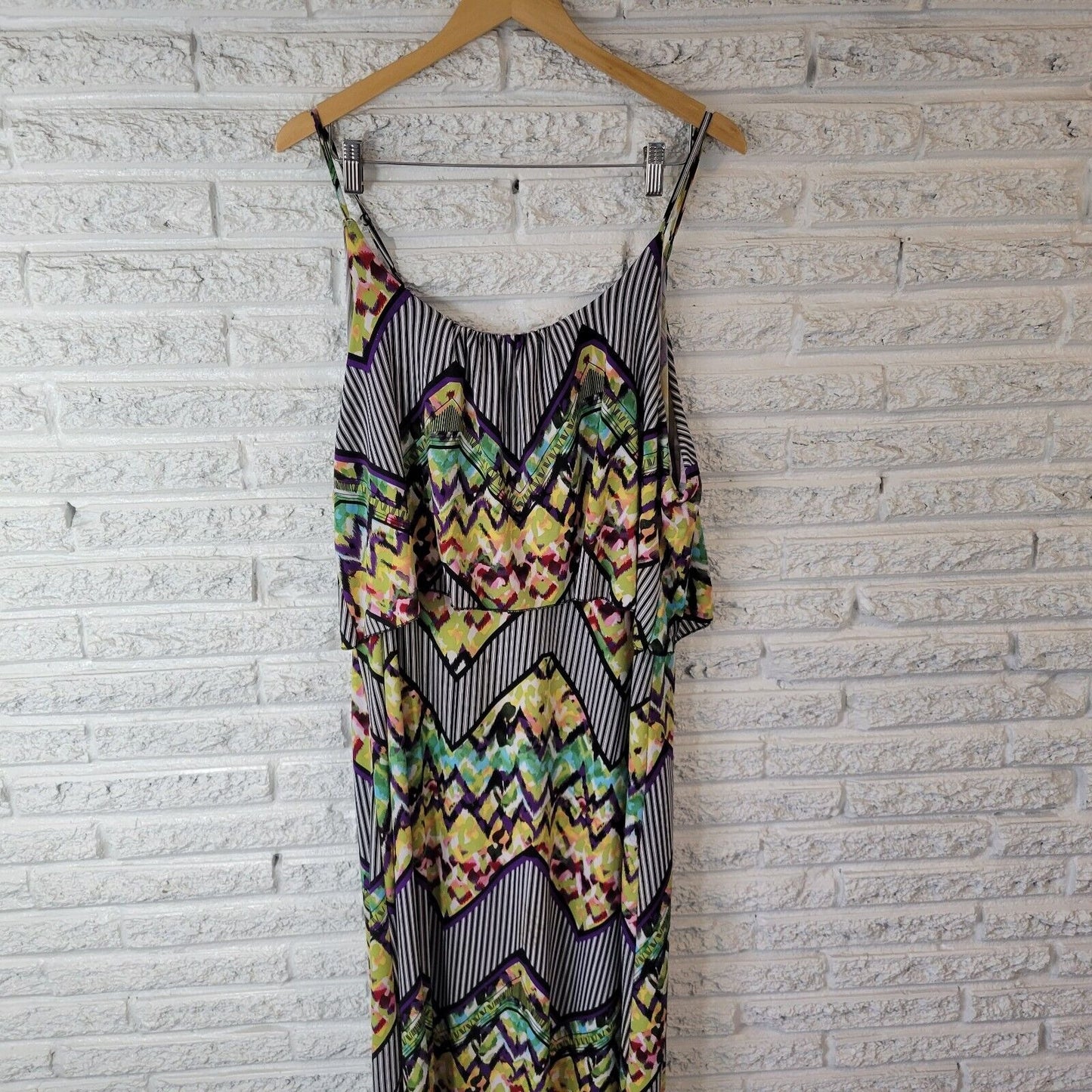 Rouge Women Dress 3X Plus Slip Maxi Spaghetti Ruffle Poly Blend Geometric Casual