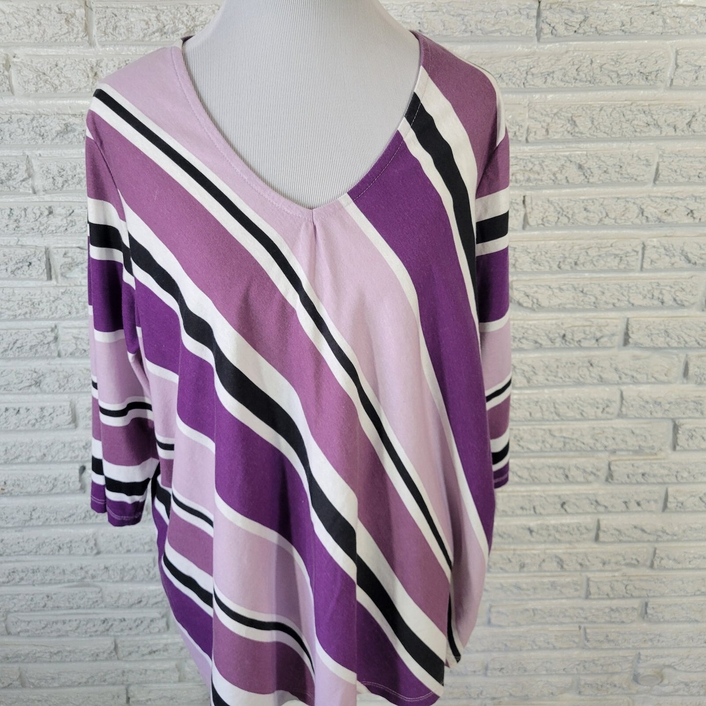 Roamans Womens Top 1X 22 24 Plus Tunic Purple Black Stripe Comfy Cotton Blend