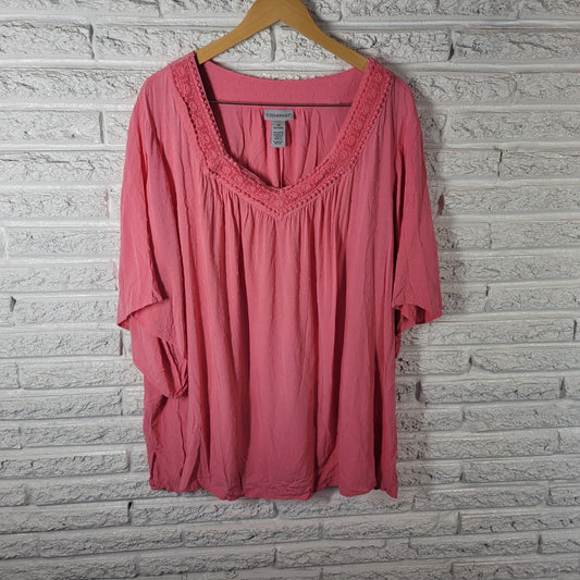 Catherines Womens Top 4X Plus Bell Sleeve Pink Swiss Dot Crochet Ric Rac Rayon