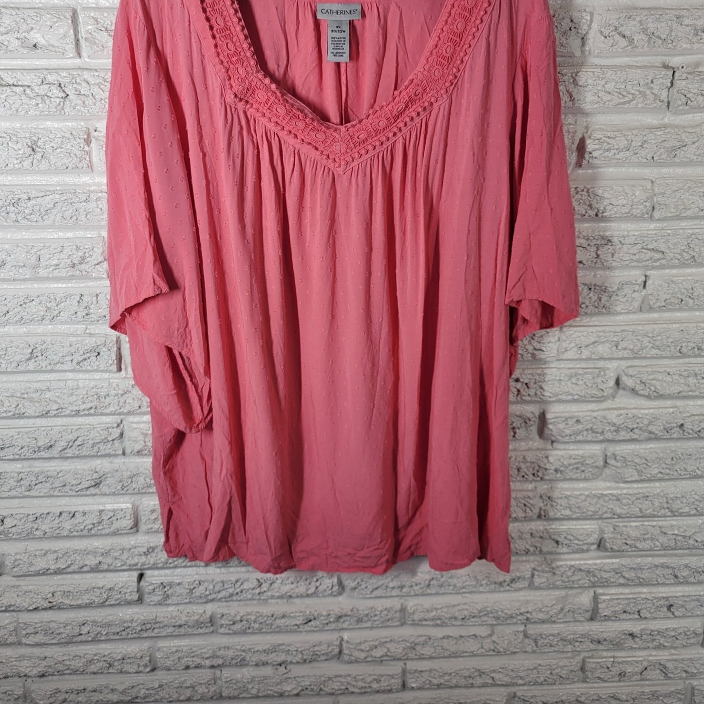 Catherines Womens Top 4X Plus Bell Sleeve Pink Swiss Dot Crochet Ric Rac Rayon