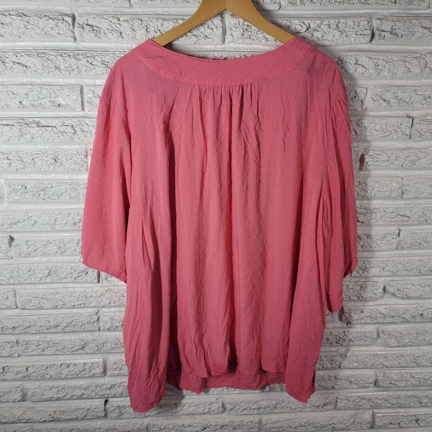 Catherines Womens Top 4X Plus Bell Sleeve Pink Swiss Dot Crochet Ric Rac Rayon