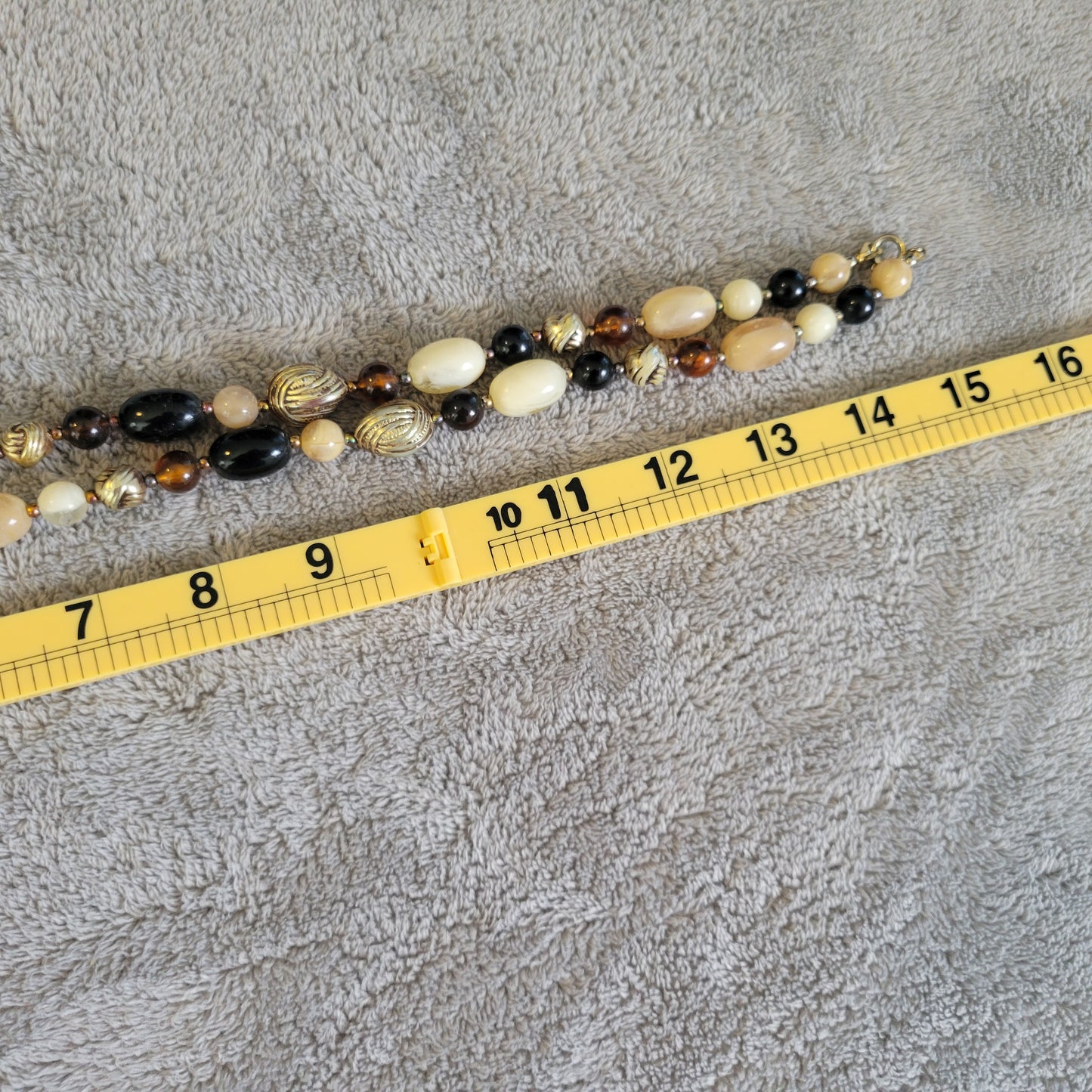 Vintage Multi Bead Necklace Gold Tone Black Amber Cream Chunky Strand 30 IN N29E