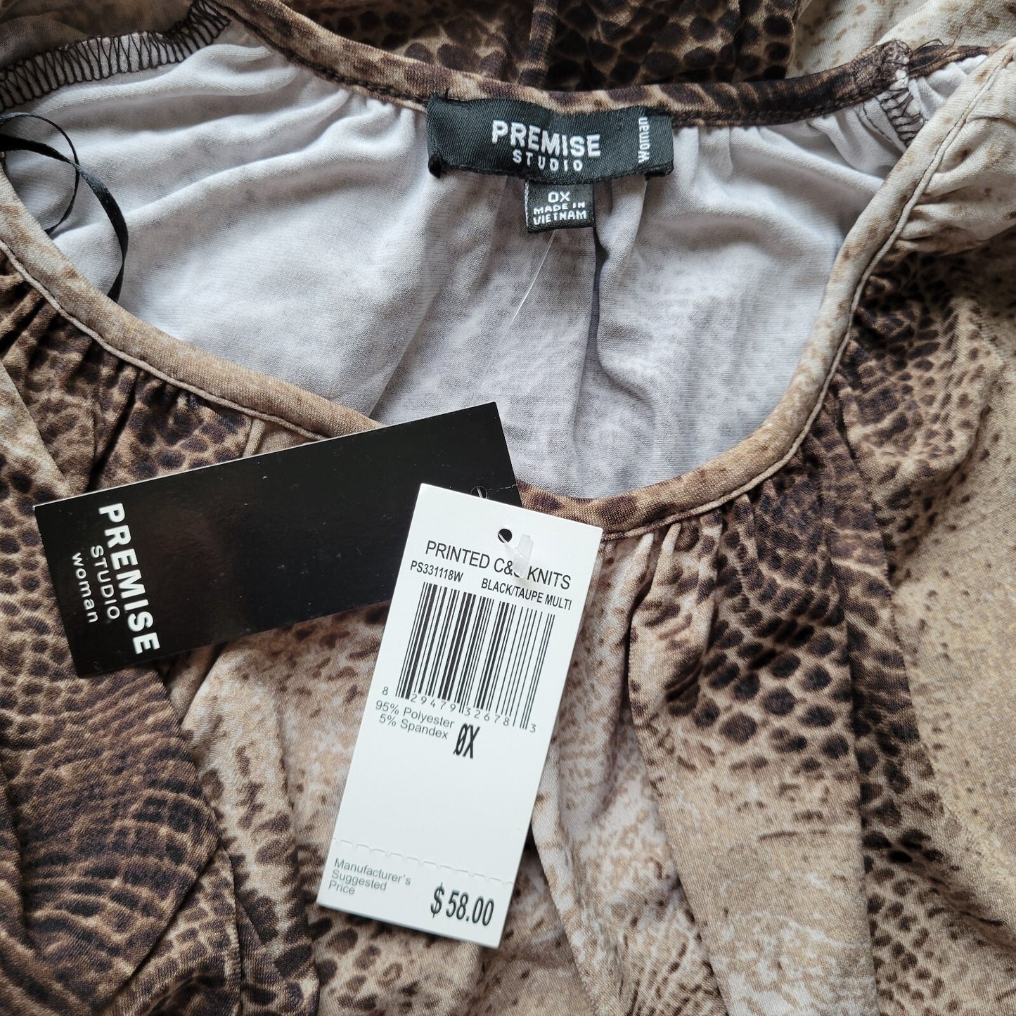 Premise Studio Womens Top 0X Plus 3/4 Sleeve Brown Tan Animal Print Poly Blend