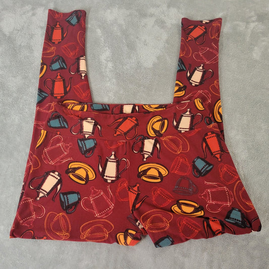 LuLaRoe Womens Leggings Tall Curvy Burgundy Red Coffee Pots Print Workout Comfy