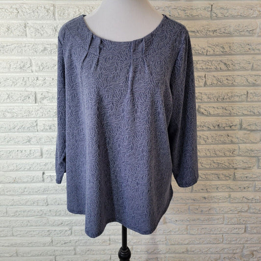 Dana Buchman Womens Top XXL Plus 3/4 Sleeve Blue Leaves Pleated Poly Blend Comfy