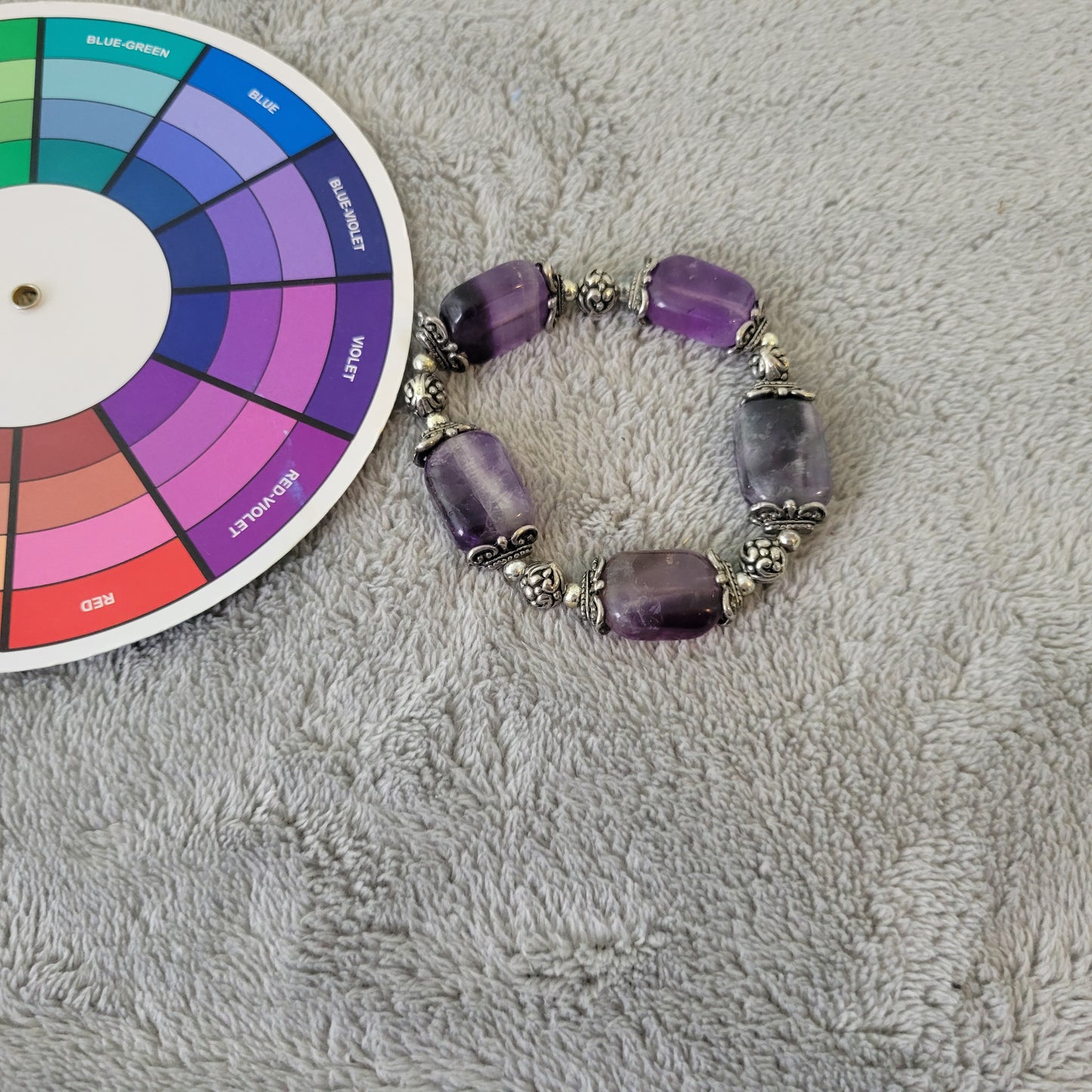 Purple Semi Precious Stone Stretch Bracelet Ornate Silver Tone Beads Boho 7" B2E