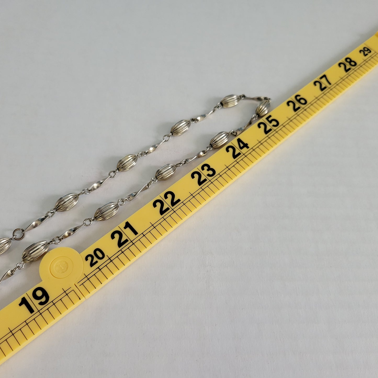 Vintage Silver Tone Ribbed Melon Bead Station Necklace 24" Mid Century N12E