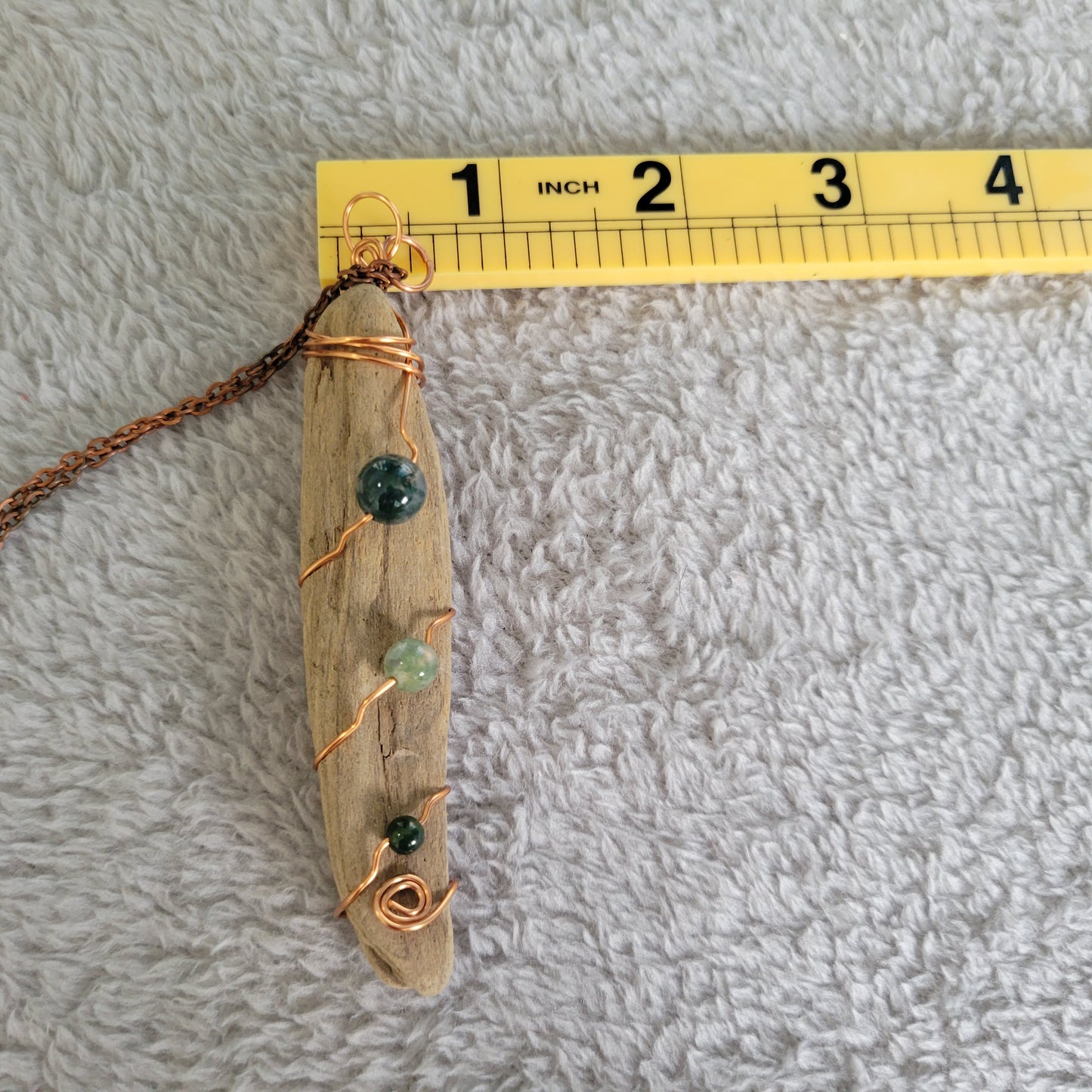 Wire Wrapped Driftwood Pendant Necklace Copper Moss Green Stone Boho 18 in N24E