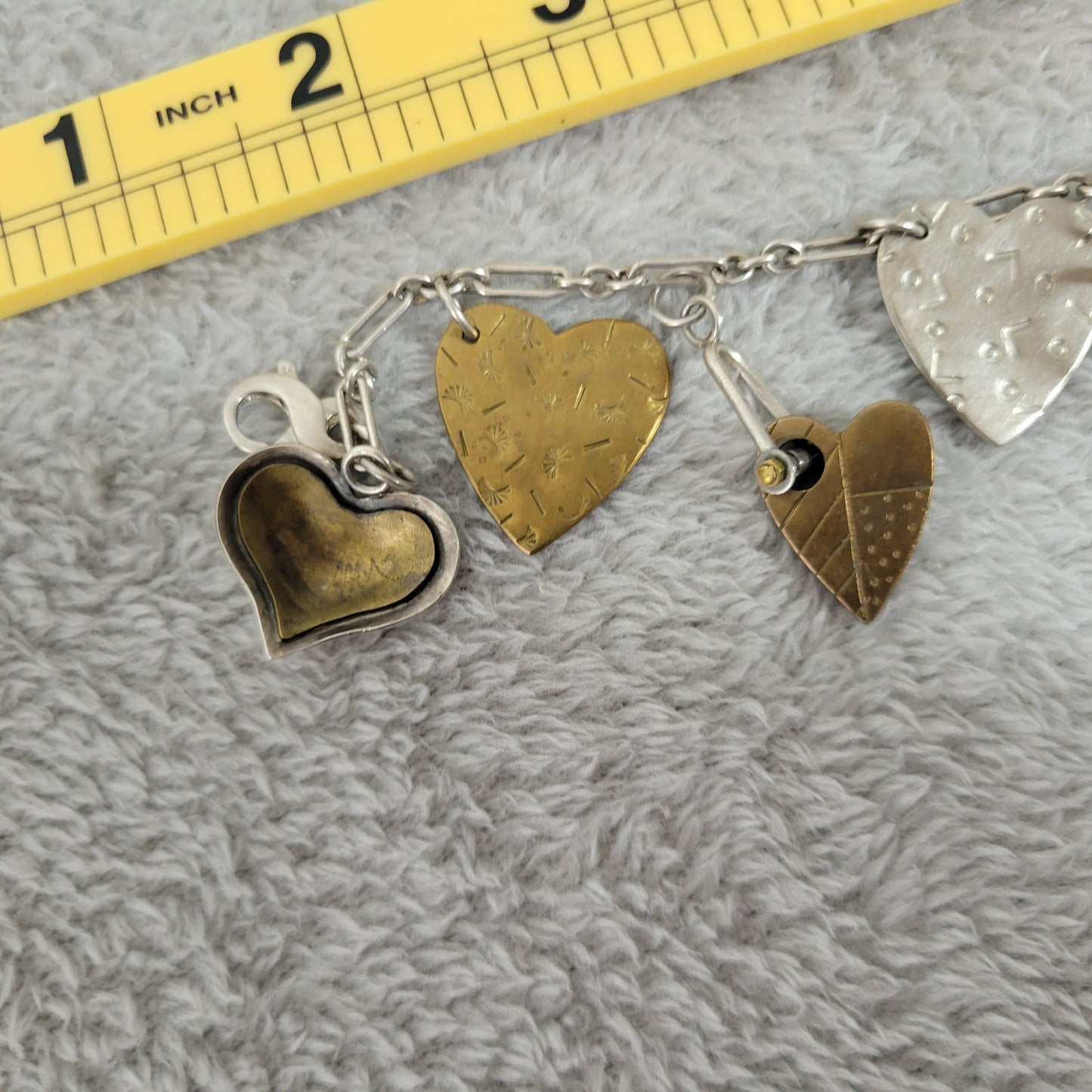 Artisan Mixed Metal Heart Charm Bracelet Sterling Silver Brass Multi-Charm B13E