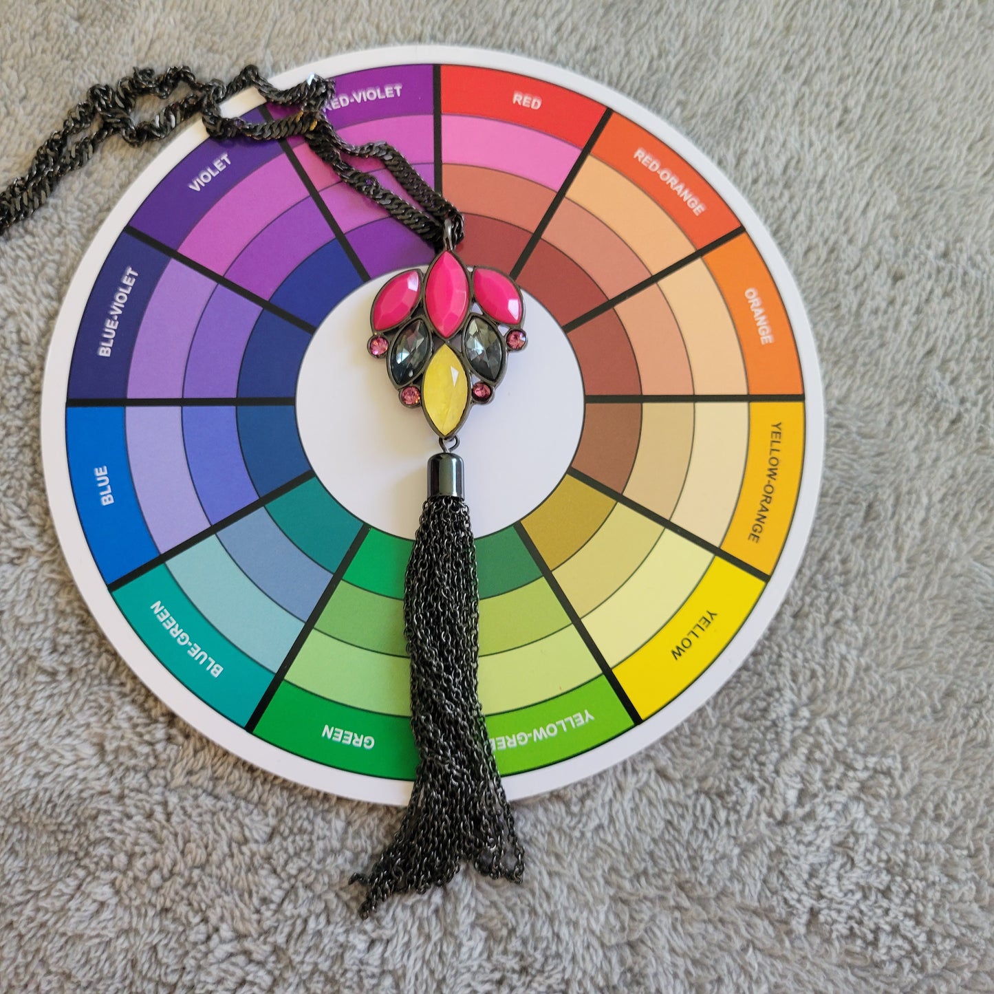 Chico's Long Black Chain Tassel Necklace Pink Yellow Statement Pendant N34E