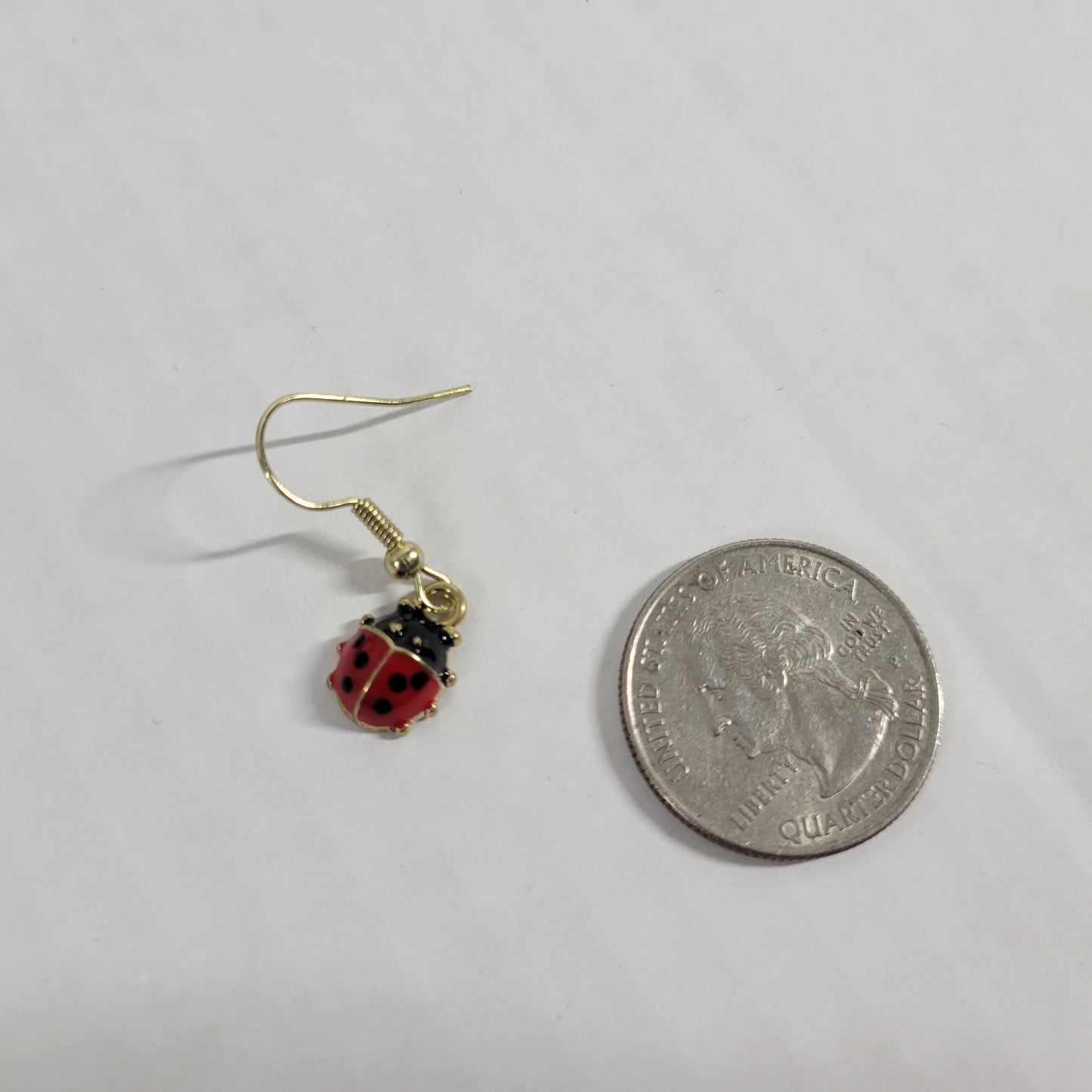 Ladybugs Earrings One Pair Gold Tone Hanging Dangle Fish Hook Red Novelty