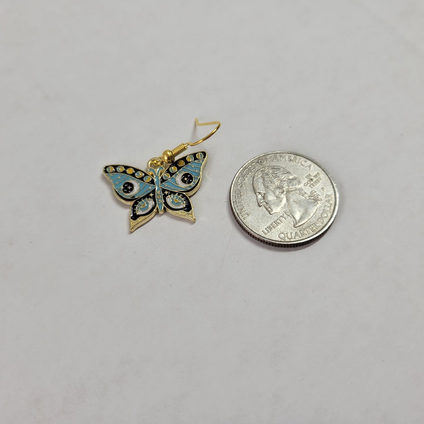 Blue Butterfly Moth Dangle Earrings Celestial Evil Eye Gold Enamel Jewelry E170E