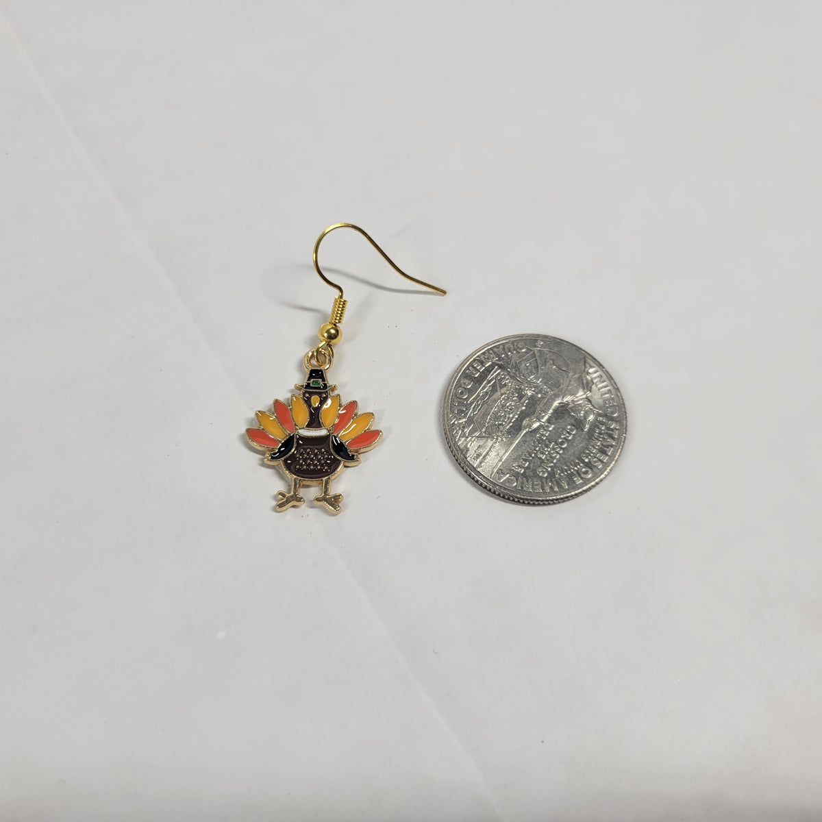 Thanksgiving Turkey Dangle Drop Earrings Gold Tone Enamel Pilgrim Hat Fall Autumn E65E