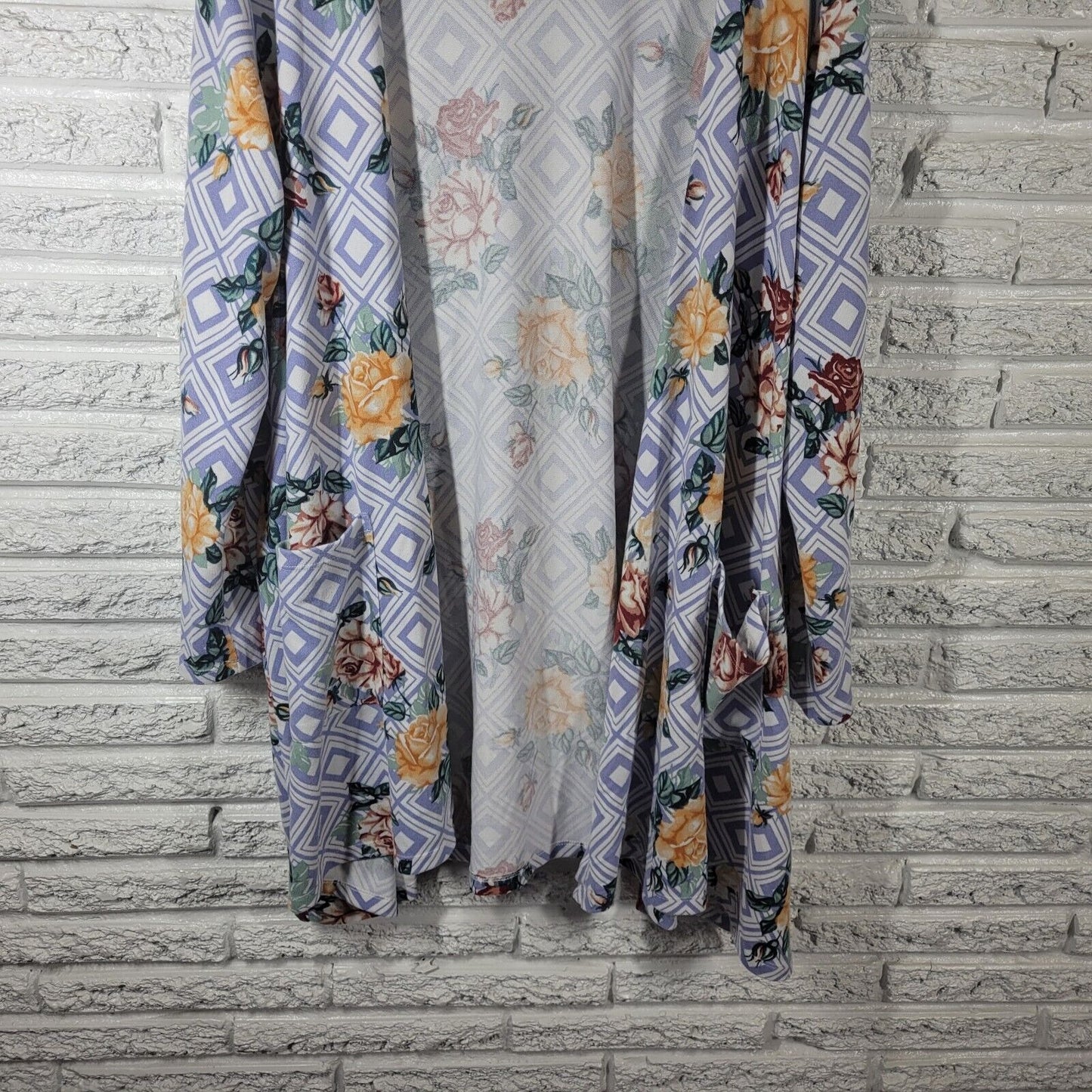 Lularoe Womens Top Extra Large Cardigan Open Blue Gold Floral Pockets Poly Blend