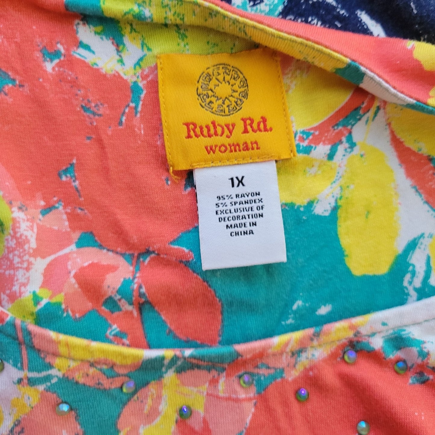 Ruby Rd Womens Top 1X Plus Tunic Pink Yellow Floral Rayon Spandex Asymmetric