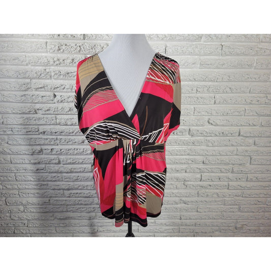 Worthington Womens Top 1X Plus Cap Sleeve Pink Geometric Poly Blend Office