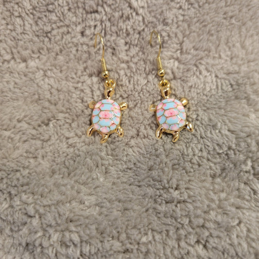 Turtles #9 Womens Earrings One Pair Pink Blue Zinc Alloy Hanging Gold Tone
