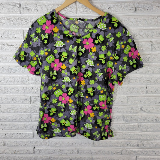 St Patricks Day Disney Unisex Scrub Top 3XL Plus Cotton Gray Minnie Mickey Mouse