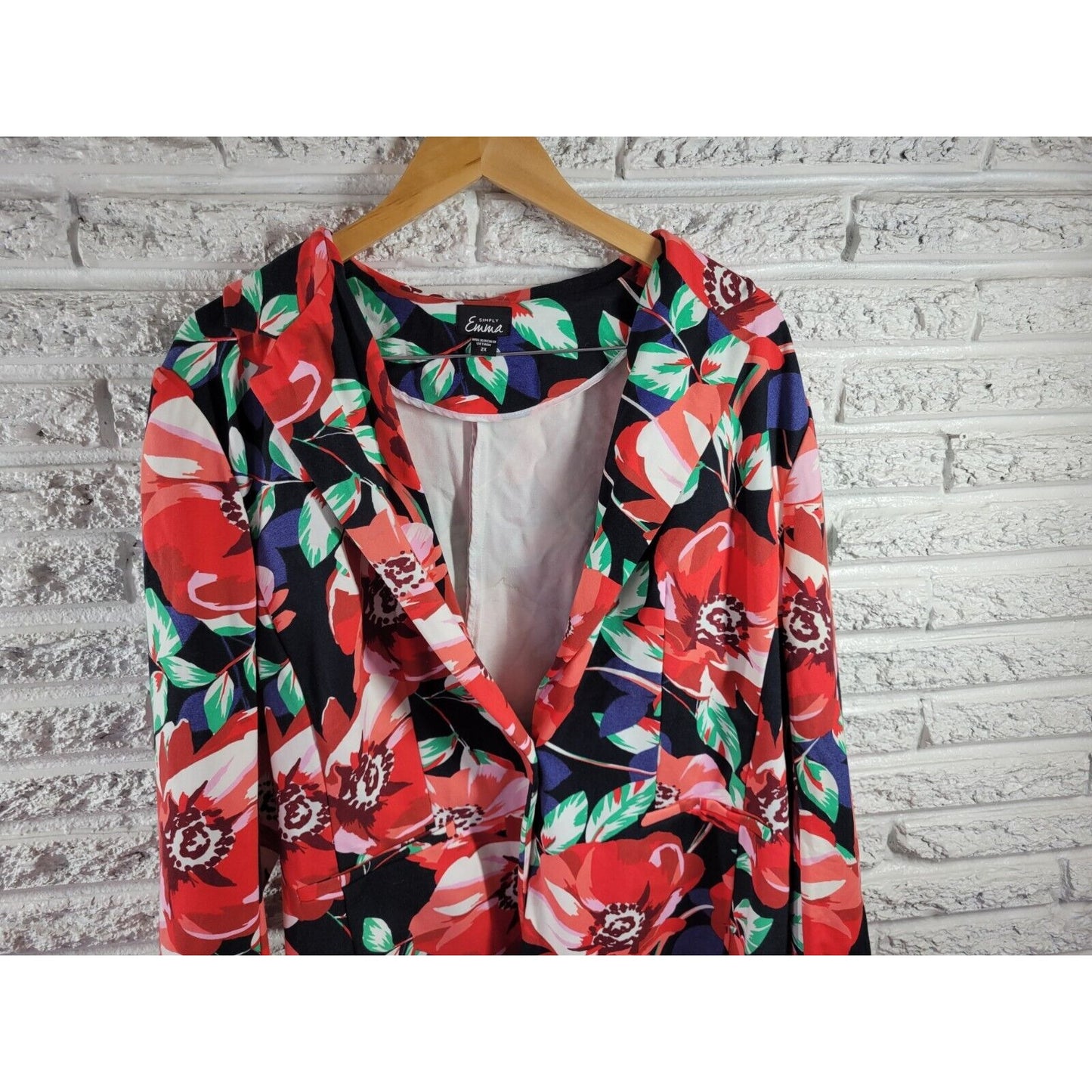 Simply Emma Womens Jacket 2X Blazer Red Floral One Button Pockets Career Casual