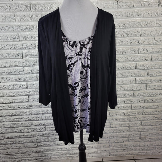 Croft Barrow Womens Top 1X Plus 3/4 Sleeve Black White Paisley Rayon Spandex