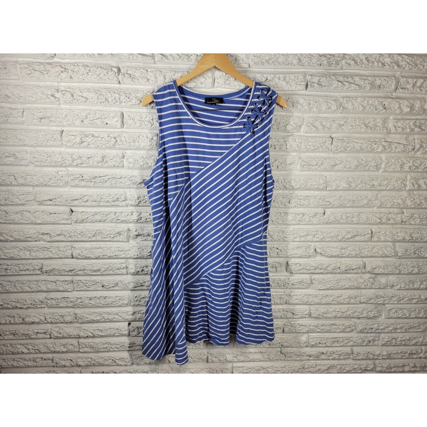 Suzanne Betro Womens Dress 2X Mini Shift Sleeveless Lace Up Shoulder Blue Stripe