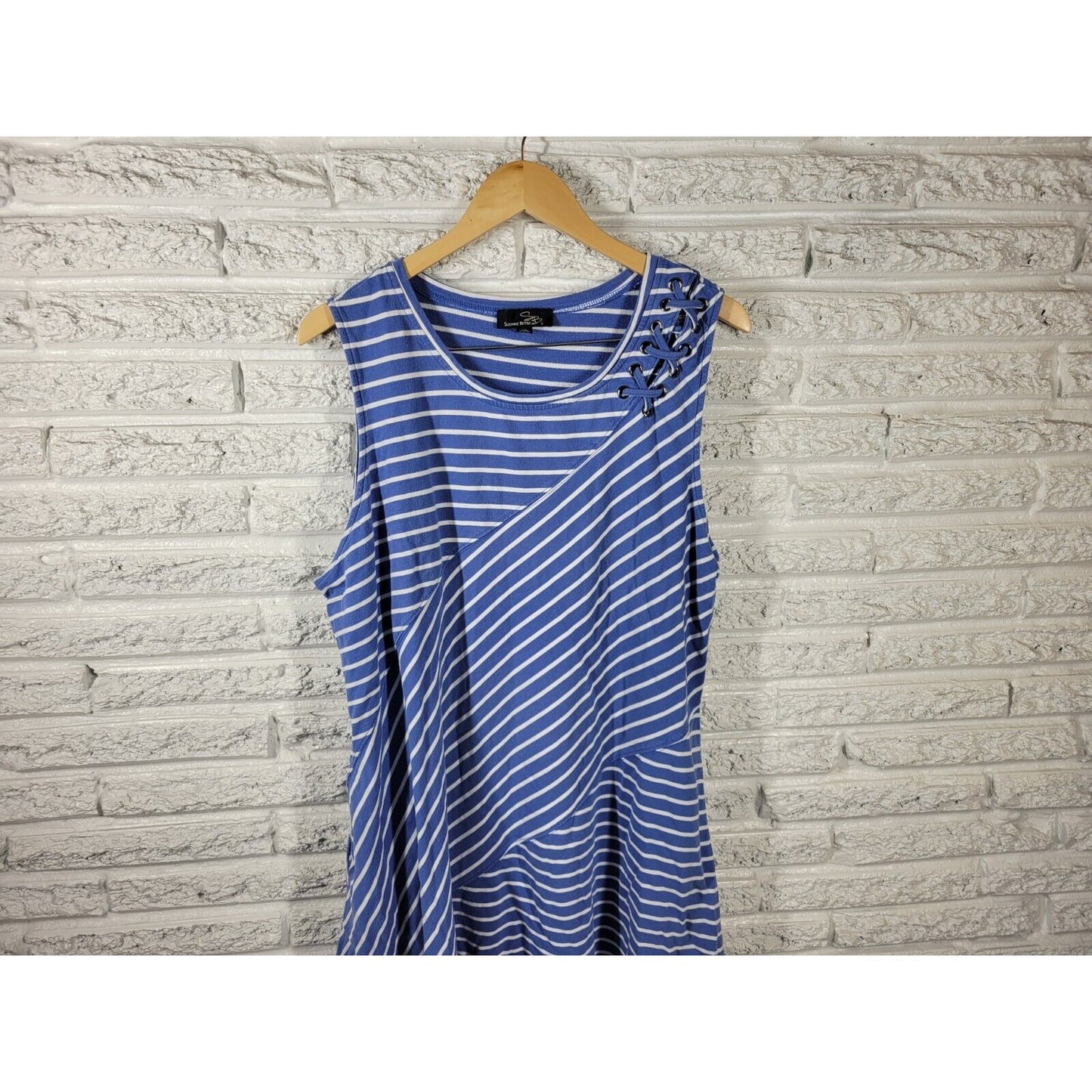 Suzanne Betro Womens Dress 2X Mini Shift Sleeveless Lace Up Shoulder Blue Stripe