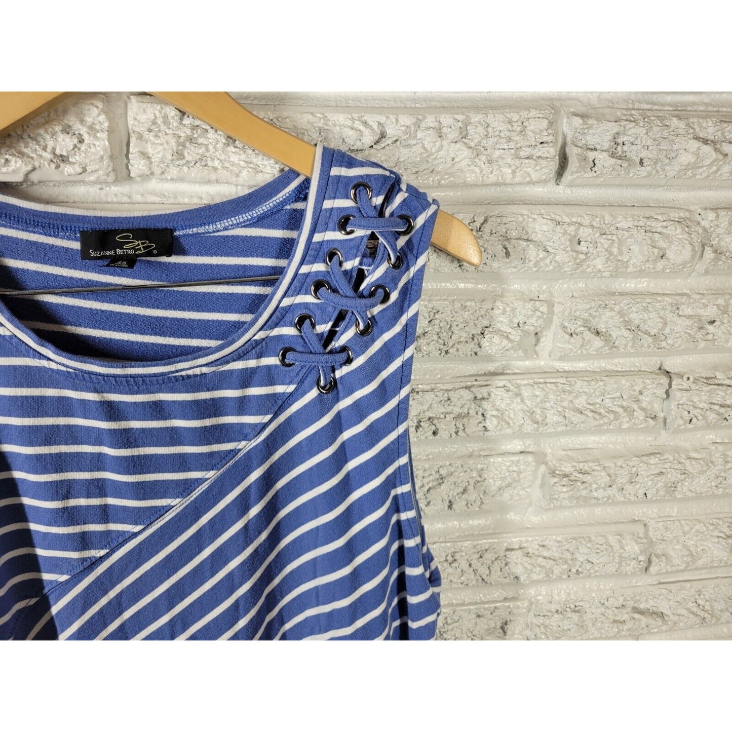 Suzanne Betro Womens Dress 2X Mini Shift Sleeveless Lace Up Shoulder Blue Stripe
