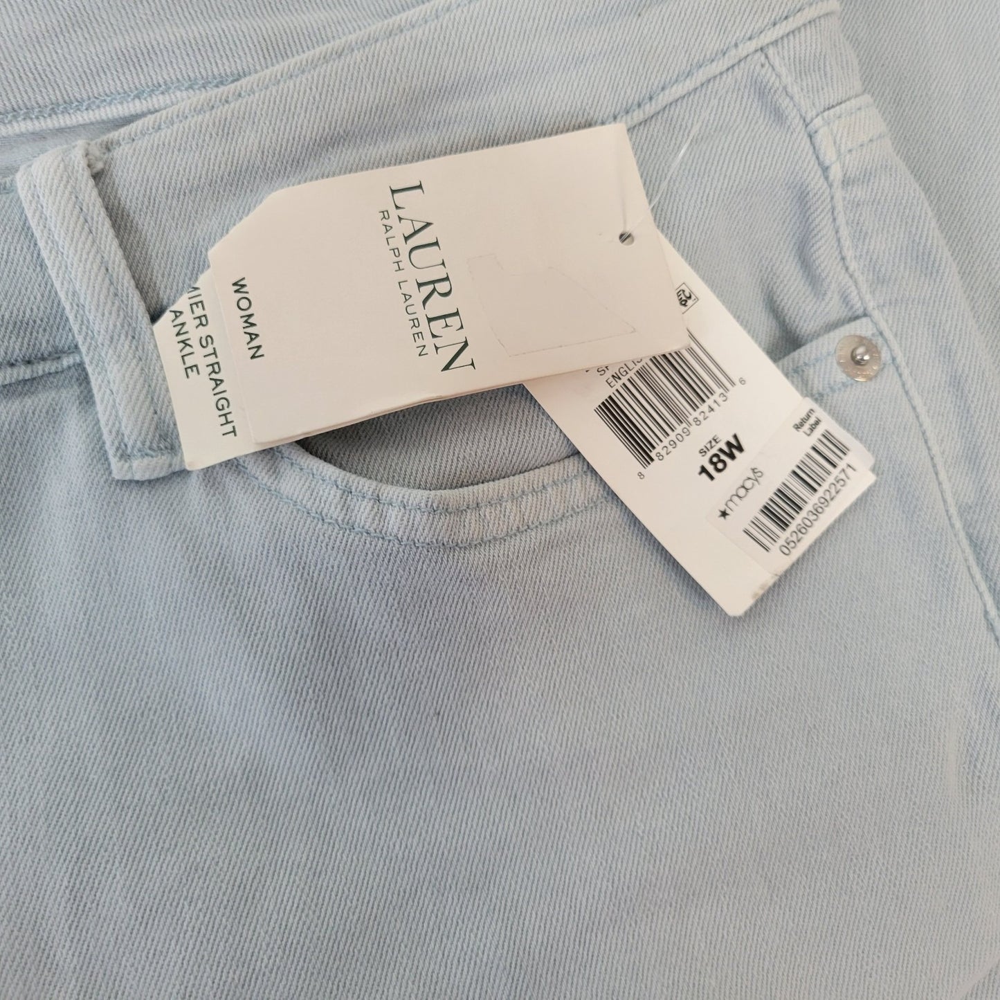 Lauren Ralph Lauren Womens Jeans 18W Plus Premier Ankle Light Blue Denim Zip Fly